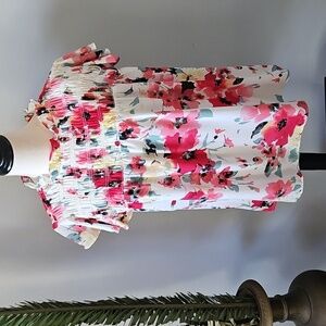 Cato Pink and Green Flora Print Ruffle Sleeve Babydoll Blouse NWT